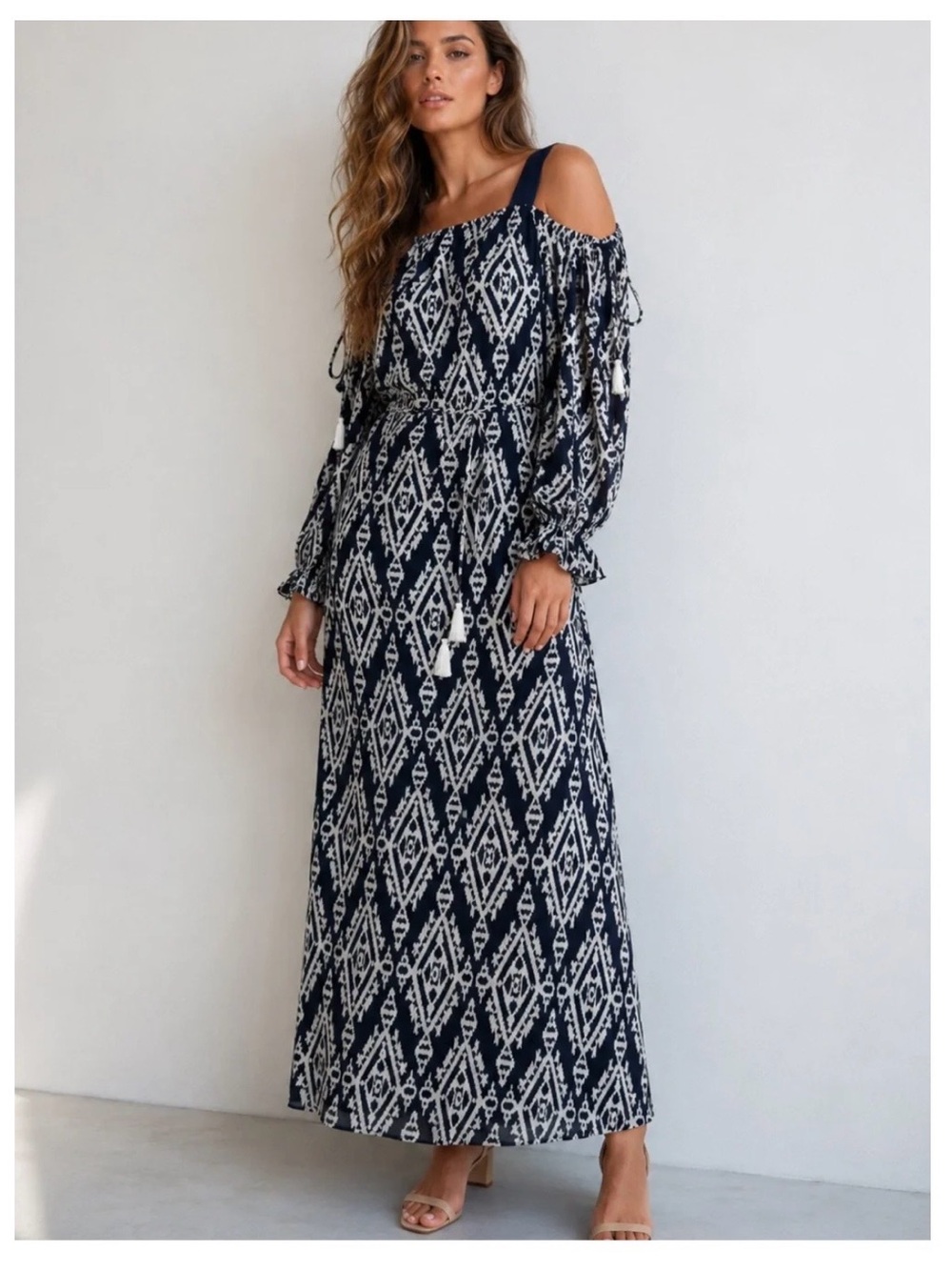 Tory Burch • Katherine {M} Cold-Shoulder Navy Geometric Maxi Silk Trim Tassel
